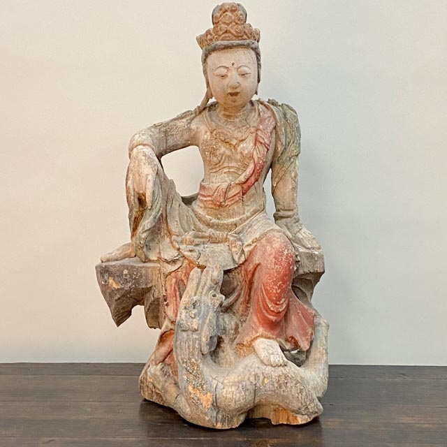 Wooden Guanyin sitting with Dragon