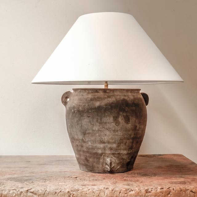 Rustic grey pottery lamp with three ears