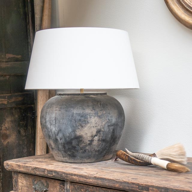 Large Rustic Gray Pottery Table Lamp, Old Rustic Table Lamps