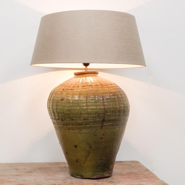 Extra large olive green storage pot as lamp