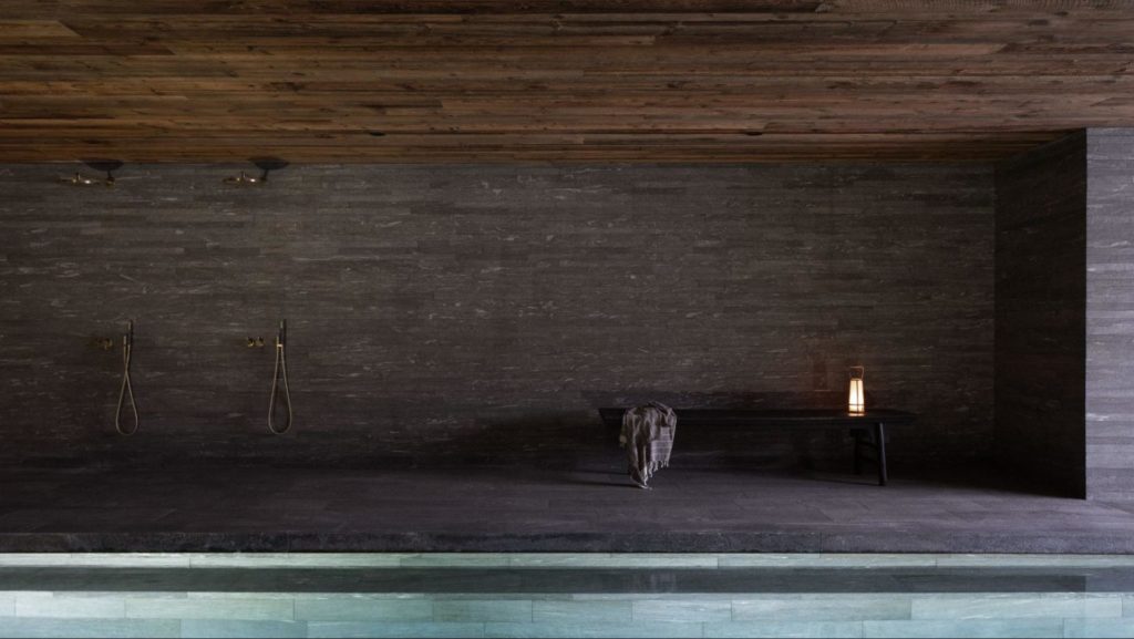 Interior design of Chalet Nê featuring a bench from The Silk Road Collection