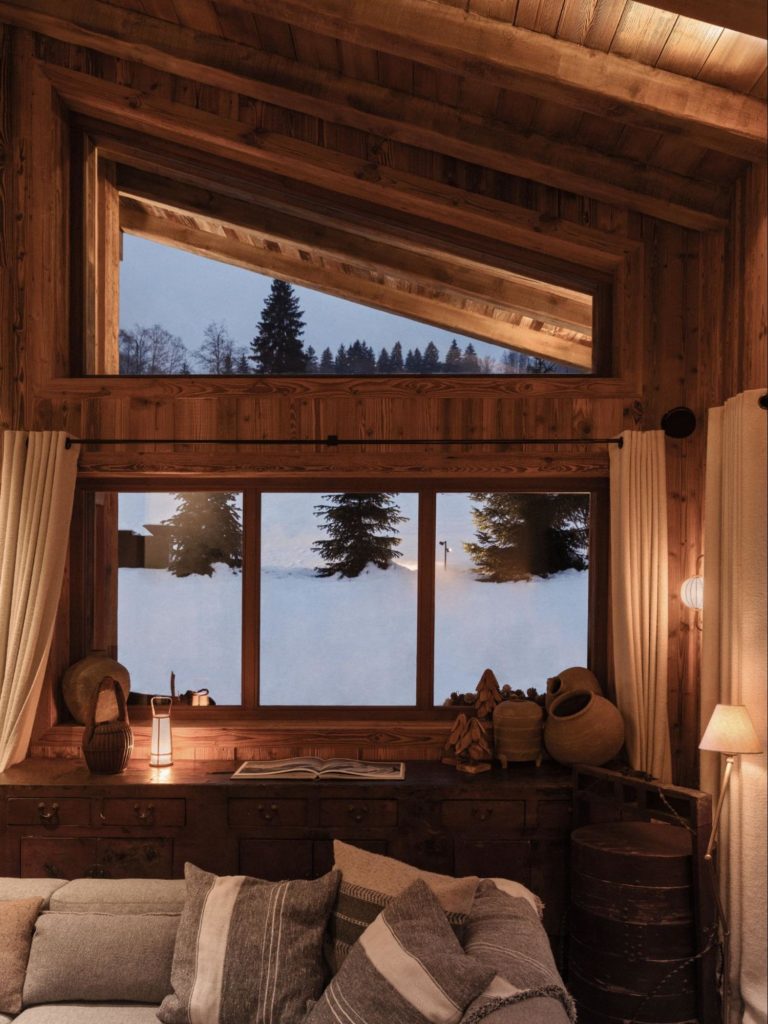 Cozy interior of Chalet Nê featuring sideboards, baskets and pots from The Silk Road Collection